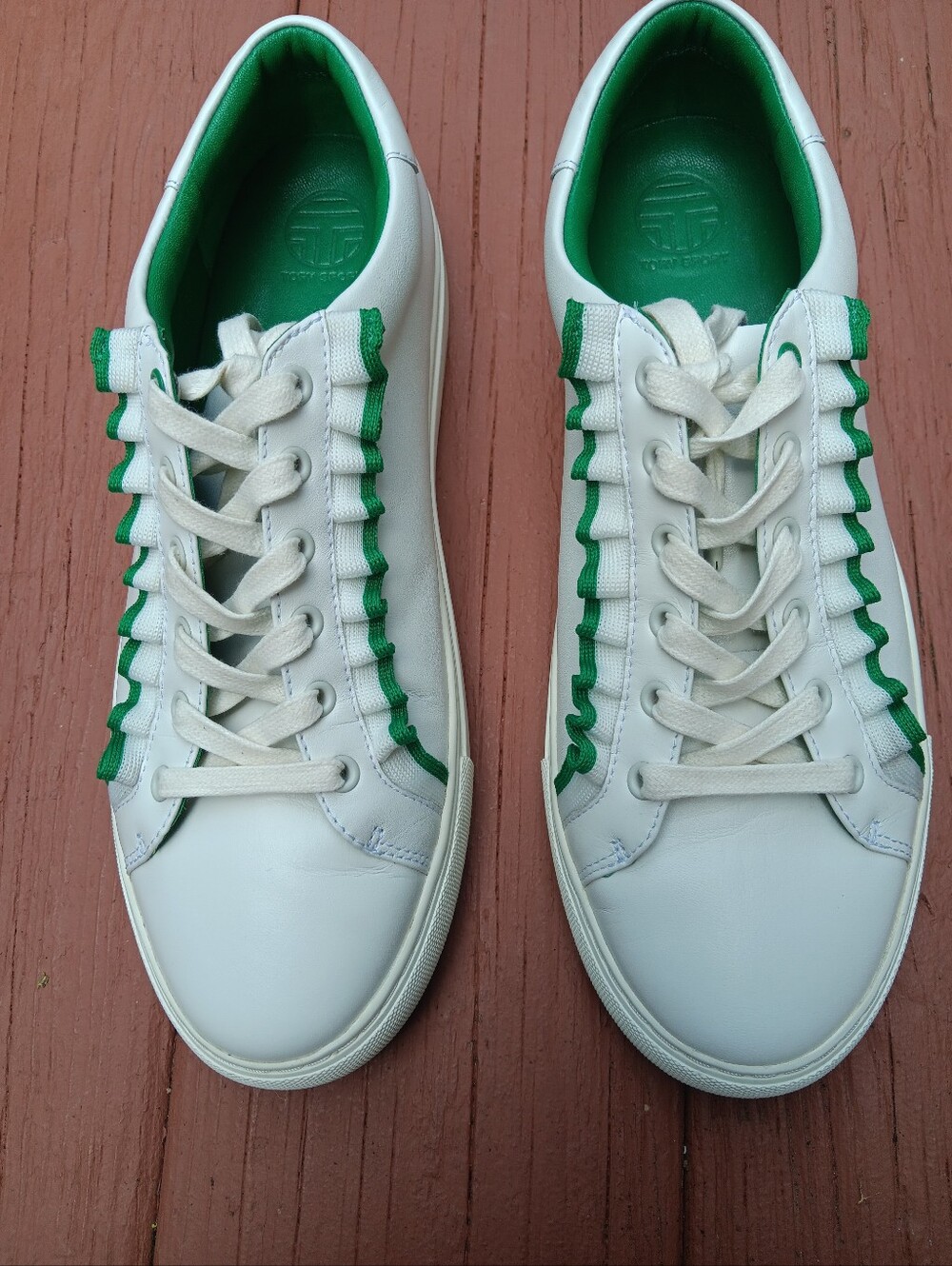 Ladies Tory Sport White & Green Leather Sneakers